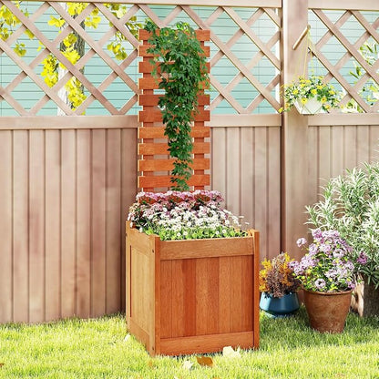 HAPPYGRILL Raised Garden Bed with Trellis, Outdoor Elevated Planter Box w/Trellis, Open-Ended, for Climbing Plant Vine Flower Vegetable, Freestanding Privacy Planters for Patio Yard, 16"x16"x48" (1)