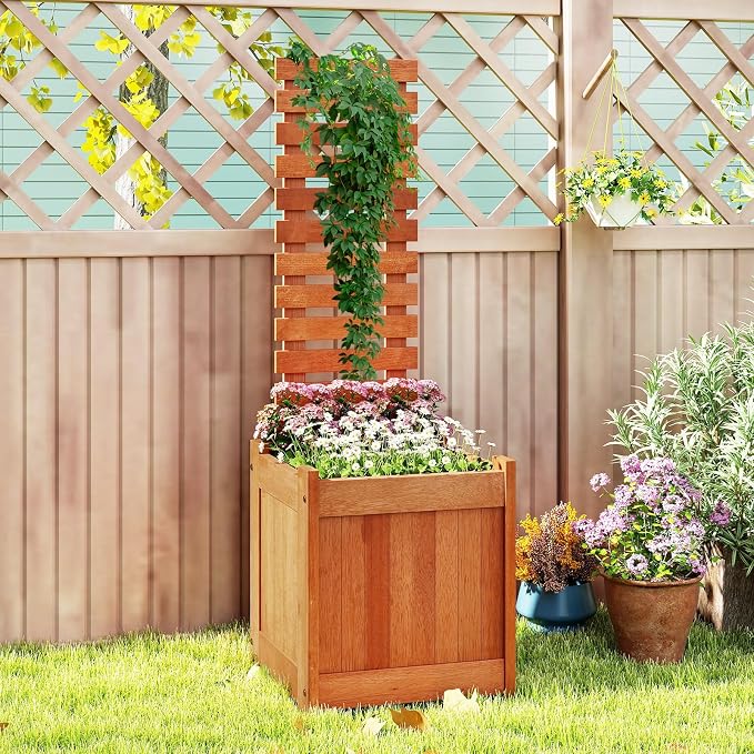 HAPPYGRILL Raised Garden Bed with Trellis, Outdoor Elevated Planter Box w/Trellis, Open-Ended, for Climbing Plant Vine Flower Vegetable, Freestanding Privacy Planters for Patio Yard, 16"x16"x48" (2)