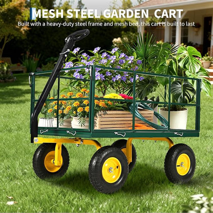 Heavy Duty 1500 Lbs Capacity Mesh Steel Garden Cart Folding Utility Wagon with Removable Sides, Garden Cart on Wheels for Gardening Soil, Tools, and Plant Transport