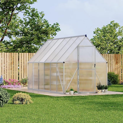 CABIHOME 6X 11 FT Outdoor Greenhouse, Polycarbonate Greenhouse with Roof Vent and Ground Nails, Aluminum Large Walk-in Green House w/ Lockable Push Door for Outdoor Garden (Sliver, 6x11 FT)