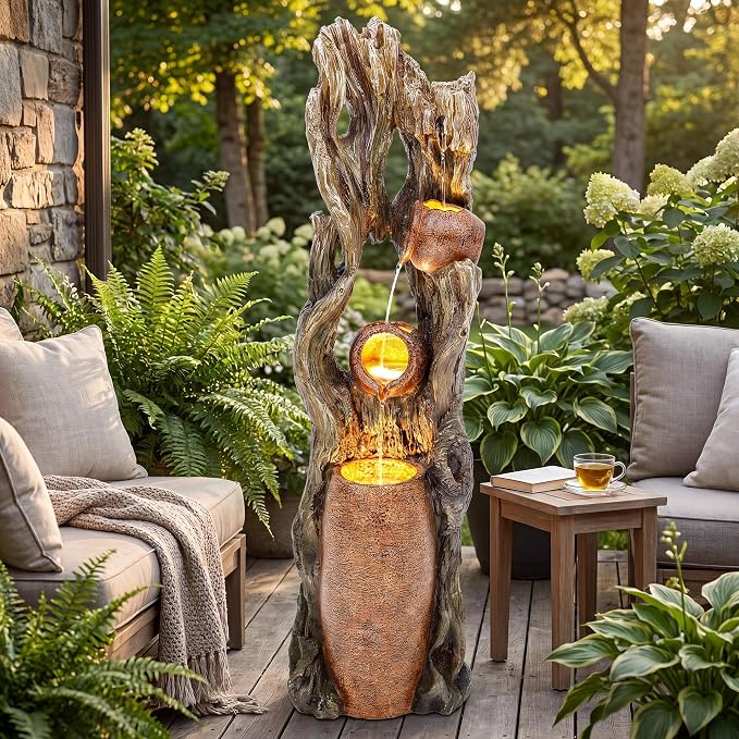 42.7" 3-Tier Outdoor Water Fountain LED Tree Trunk Jar Waterfall | vintage terra-cotta pots, patio backyard garden,Serene Relaxing Porch Decor