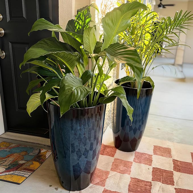 Autodaya 23.8" Large Cobalt Blue Tall Planters, Set of 2 Plastic Pots | Gradient Cobalt Blue Finish, Lightweight And Weather-Resistant Plastic Build, for Porch, Garden, Patio, Deck, or Indoor Use