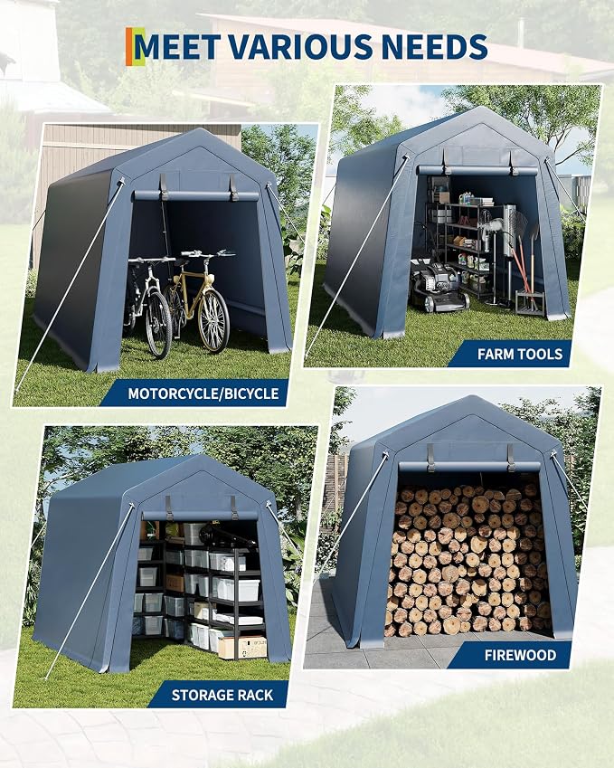 6x6 ft Outdoor Storage Shed, Portable Carport with Roll-up Ventilated Zipper Door and Windows, Heavy Duty Waterproof Tarp, Storage Sheds for Motorcycle, Bike, Firewood, Garden Tools