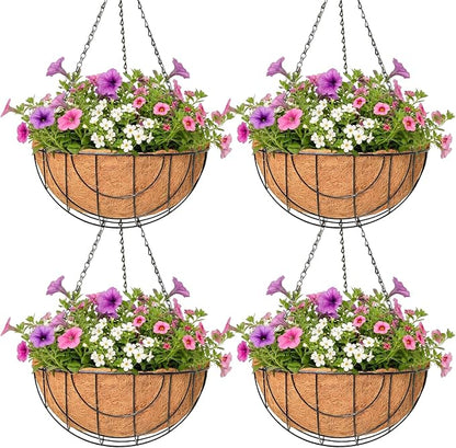 4 Pack Hanging Planter for Outdoor Plants 14 inch Metal Hanging Flower Basket with Coco Coir Liner Round Wire Plant Holder Chain Flower Pots Outdoor Garden Decoration Watering Hanging Baskets（DQ）