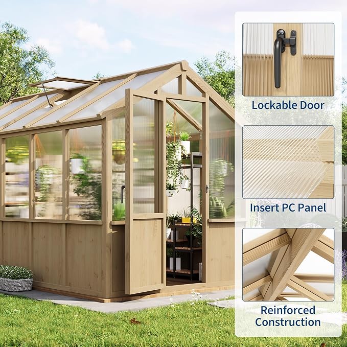 Garvee 6x10 FT Wooden Greenhouse - Walk-in Greenhouses for Outdoors, Large Spruce Frame Green House with PC Panels, Adjustable Roof Vents & Lockable Door, Green Houses for Garden,Backyard,Patio,Lawn