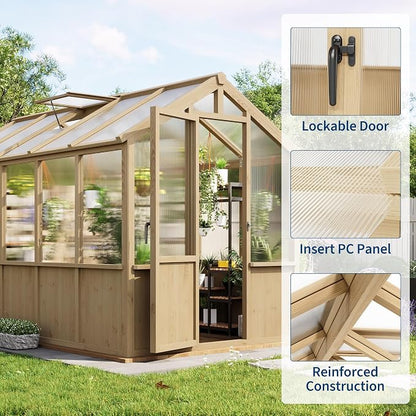 Garvee 6x10 FT Wooden Greenhouse - Walk-in Greenhouses for Outdoors, Large Spruce Frame Green House with PC Panels, Adjustable Roof Vents & Lockable Door, Green Houses for Garden,Backyard,Patio,Lawn