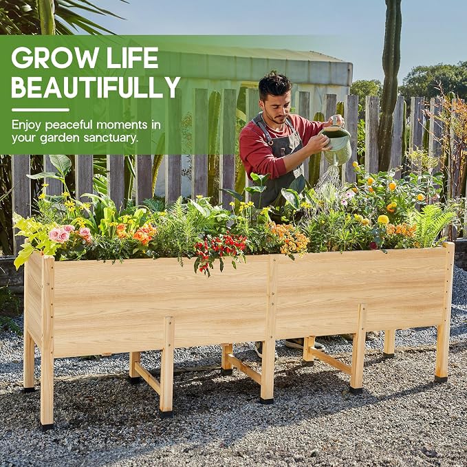 SPECRAFT 7x2 Ft Raised Garden Bed, Featuring Legs, Drainage Holes, Ideal for Vegetables, Flowers, Elevated Wood Planter Box for Balcony, Patio, and Backyard, Easy Assembly