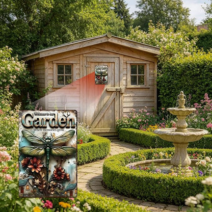 Funny Garden Metal Signs, Vintage Outdoor Wall Decor 8x12 Inch | Welcome to Our Garden Where Memories Grow, Weatherproof Aluminum Sign for Patio Yard Greenhouse, Gift For Gardeners
