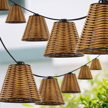 JONATHAN Y 10' Brown 10-Light Indoor/Outdoor LED String Lights for Patio, Classic Cottage Faux-Rattan Shaded Hanging Lights for Balcony, Deck, Coastal Decor JYL8706A