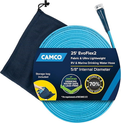 Camco EvoFlex2 25-ft Drinking Water Hose - RV Drinking Water Hose Reinforced with Fabric & Ultra Lightweight - Contains No Lead, No BPA & No Phthalate - Abrasion Resistant (22577)