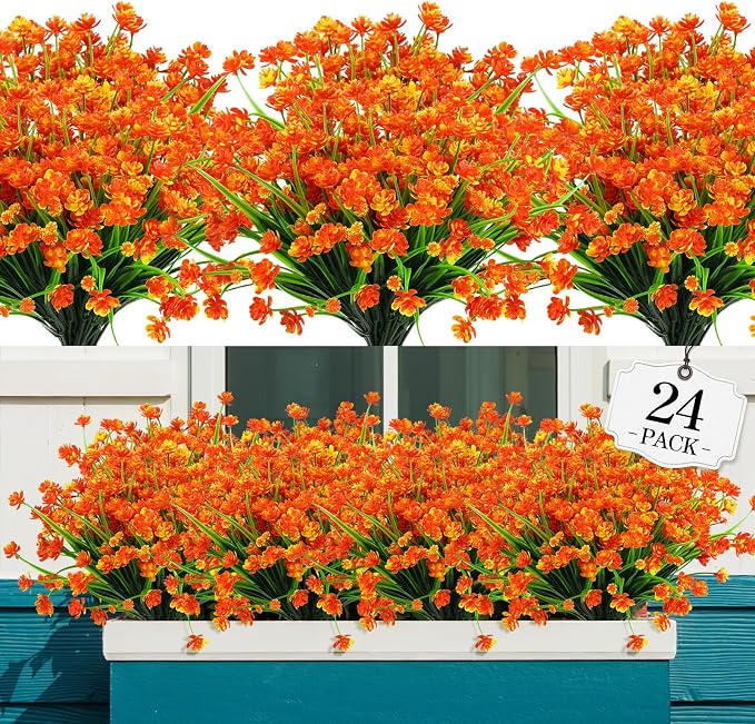 AGIRL 24 Bundles Artificial Fall Flowers Outdoor Indoor Decoration,Fake Plastic Flowers,Faux Mums Plant for Thanksgiving Fall Decor,for Hanging Outside Garden Front Door Porch Patio Window Box