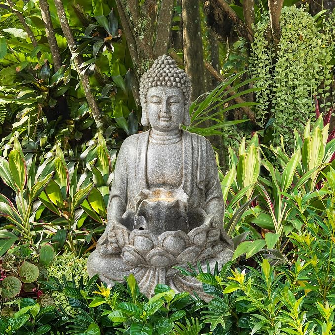 Glitzhome Buddha Fountain Outdoor with Pump & LED Light 23.25" H, 2-Tier Zen Style Concrete Meditating Buddha Statues Water Fountains Floor Fountains Buddhas Sculpture for Garden Patio Backyard