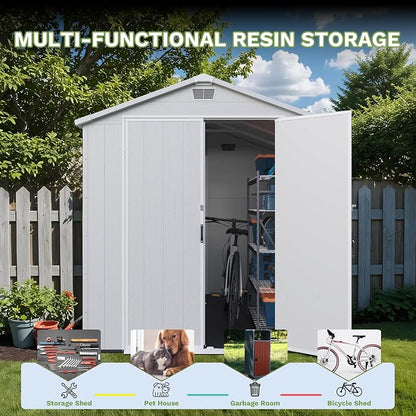 Greesum 6x8FT Plastic Outdoor Storage Shed with Floor, Resin Sheds with Lockable Double Door, Tool Sheds with Window and Vents, for Garden, Yard, Patio, Light Gray