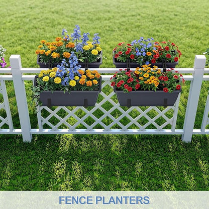 Deck Railing Planter Boxes Set of 2, Adjustable Window Planter Box with Removable Hanging Plant Holder, 17 Inch Rectangular Herb Garden Planters for Porch Fence Balcony Apartment Patio Decor, Grey