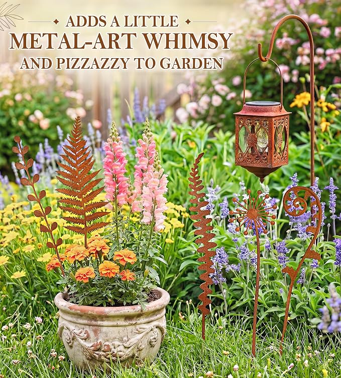 VIS'V Decorative Garden Stakes, Metal Fern Plant Yard Art Stakes, 5 Pcs | 15.7 In Length, Pre-rusted Finish, Rusty Art Decor for Outdoor Indoor