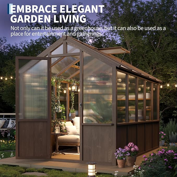 Garvee 6x10 FT Wooden Greenhouse - Walk-in Greenhouses for Outdoors, Large Spruce Frame Green House with PC Panels, Adjustable Roof Vents & Lockable Door, Green Houses for Garden,Backyard,Patio,Lawn