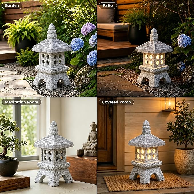 Nacome Solar Pagoda Garden Statues: 11.5 inches Outdoor Weatherproof Resin Zen Decor for Landscape Balcony Patio Porch Yard Ornament(Gray)