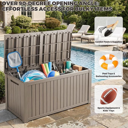 Outdoor Storage Box, 200 Gallon Waterproof Deck Box [Upgraded 3.1], Large Resin Storage with Hydraulic Lifts for King Cushions, Heavy Duty Lockable Bench Seat, Pool Deck, Grey