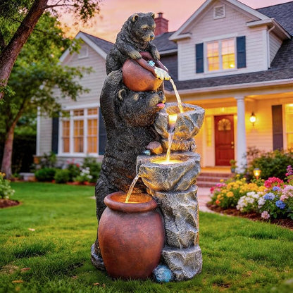 38" H Playful Twin Bear Statue Outdoor Fountain with LED Lights | Whimsical Multi-Tiered Stone Vessel Water Feature with Soothing Cascading Waterfall for Patio, Backyard, Garden or Porch