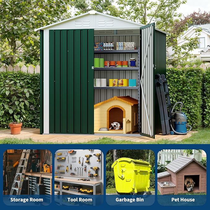 GarveeLife 6x4 FT Outdoor Storage Shed, Garden Tool Storage Shed with Sloping Roof and Double Lockable Door, Outdoor Sheds with Panel Protection for Backyard Garden Patio Lawn