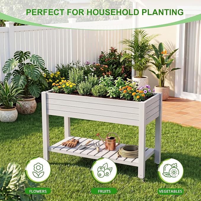 Elevated Resin Raised Garden Bed, 33.7in Height Raised Planter Box with Drainage Holes, Lockable Rotating Wheels & Bottom Storage Shelf, Stake Support, Easy Assembly for Patio Lawn Backyard Balcony