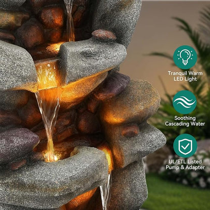 Utym 40" H Oversized Pebbles Rock Outdoor Fountain with Warm LED Lights | 3-Tier Extra-Large Stacked Pebbles River Waterfall with Cascading Water Feature for Garden Patio Yard and Backyard