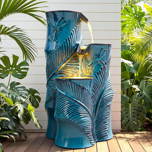 Autodaya Ceramic Outdoor Water Fountain with Lights, Turquoise Bamboo-Style | 3-Tier Cascading Waterfall, Natural Water Feature with Tropical Leaf, Dragonfly Texture, Soothing Oasis for Garden Patio Yard