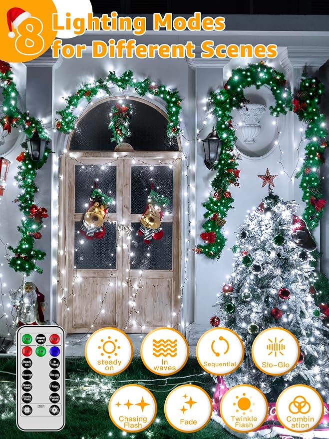 BrightChristmas 1000 LED 328 FT Outdoor String Lights with Remote and Timer, Dimmable with 8 Modes, Waterproof, Cool White Fairy Lights for Christmas Tree & Holiday Decor