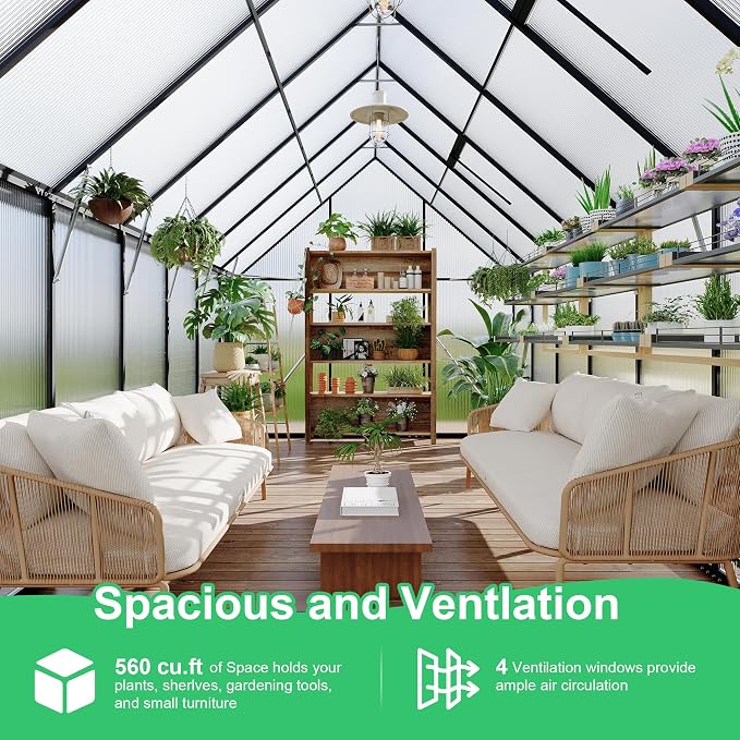 GarveeLife 8 ft x14 ft Aluminum-Framed Polycarbonate Greenhouse, Heavy Duty Polycarbonate Greenhouse with Quick Setup Structure and Roof Vent, Large Enhanced Aluminum Green House Kit for Outdoors
