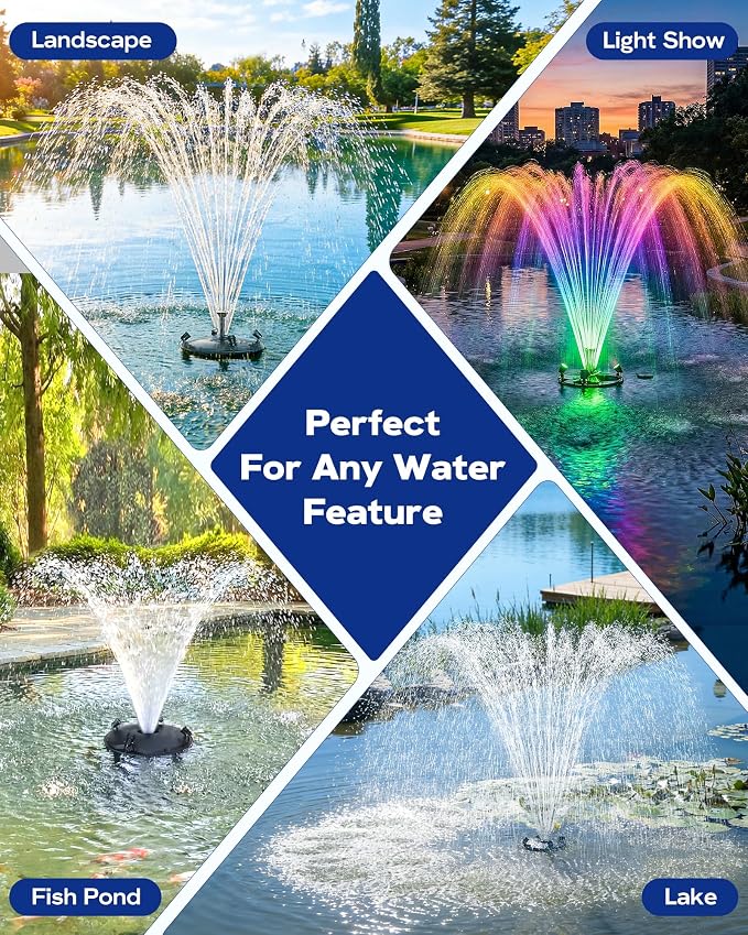 Antfraer Floating Pond Fountain with RGB LED Lights, 1600GPH Pond Fountain for Large Ponds, Remote Control Pond Aerator with 3 Spray Patterns for Water Gardens, Fish Pool & Lakes, 21.65 Inch Float