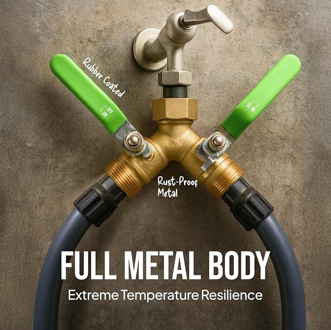 2-Way Hose Splitter – Heavy Duty Brass Y Connector with Stainless Steel Rubbered Handle, 3/4” GHT Thread – Full Flow Garden Hose Splitter for Outdoor Faucets