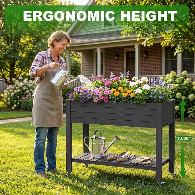 Elevated Resin Raised Garden Bed, 33.7in Height Raised Planter Box with Drainage Holes, Lockable Rotating Wheels & Bottom Storage Shelf, Stake Support, Easy Assembly for Patio Lawn Backyard Balcony