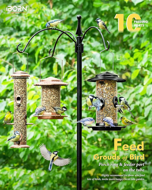 iBorn Metal Bird Feeder for Outside Hanging,Wild Bird Feeders for Cardinal,17.8cm Large Roof&Tray Black 10 Port(Seed is not Included)
