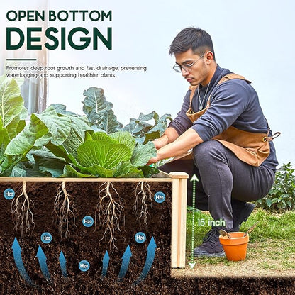 SPECRAFT 15 Inch Depth 8x4 FT Deep Wooden Raised Garden with Open Base, Extra Large Planter Box for Deep-Rooted Plants, Ideal for Outdoors, Patio, Backyard