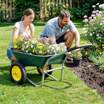 Autodaya Dual-Wheel Garden Cart, 14" Pneumatic Tires & Built-in Stand, 4.5 Cu Ft Utility Yard Wheelbarrow for Gardening, Soil, Construction, Easy Assembly