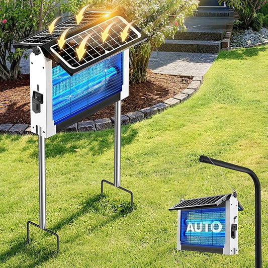 Solar Bug Zapper Outdoor, Dual Solar Panels, 4500V Waterproof Portable Mosquito Zappers, Cordless Fly Trap w/Auto Mode, Rechargeable Mosquitoes Insect Killer for Patio Yard Camping Garage(White)