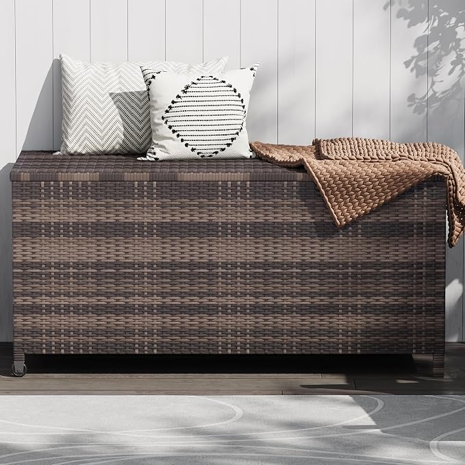 185 Gallon Outdoor Wicker Deck Box, All-Weather Waterproof Patio Storage with PE Rattan Finish & Steel Frame, for Cushions, Garden Tools, Pool Supplies, Lockable Brown Storage Box with Soft-Close Lid
