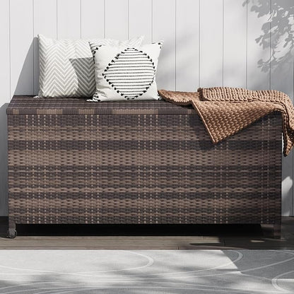 185 Gallon Outdoor Wicker Deck Box, All-Weather Waterproof Patio Storage with PE Rattan Finish & Steel Frame, for Cushions, Garden Tools, Pool Supplies, Lockable Brown Storage Box with Soft-Close Lid