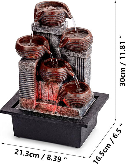Father'sDen Collection Indoor Fountains and Waterfalls from 5-Tiered Pots-12”H Tabletop Water Fountain-Desk Fountain-Office Decor with Audible Calming Waterfall Sounds-Zen Fountain with Color Lights