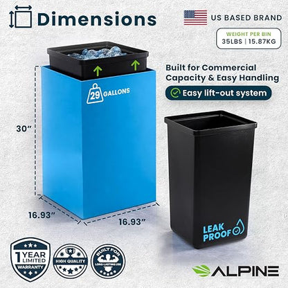 Alpine Commercial Indoor Recycle Bin - 29 Gallon Blue Recycle Bin Recycle Trash Can Office Recycling Bins, Metal Recycling Container with Stickers & 3 Optional Lids (lid Sold Separately)