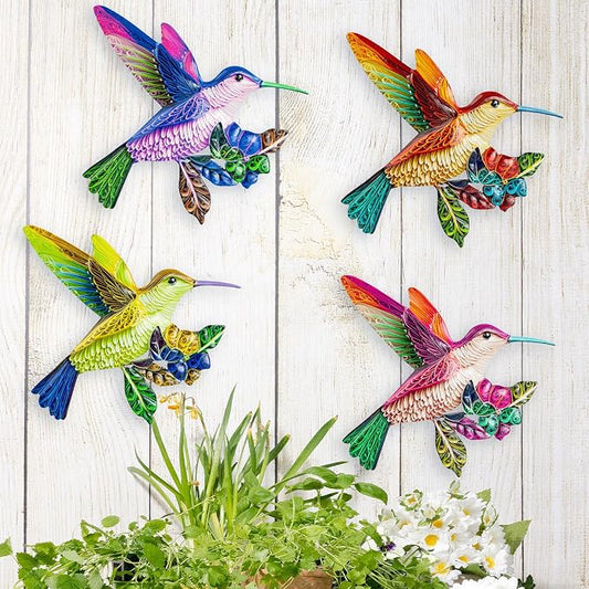 SUNREEK 4 Pack Metal Hummingbird Wall Art, Hanging Birds Outdoor Fence Decorations for Garden Patio Yard Living Room Door Balcony