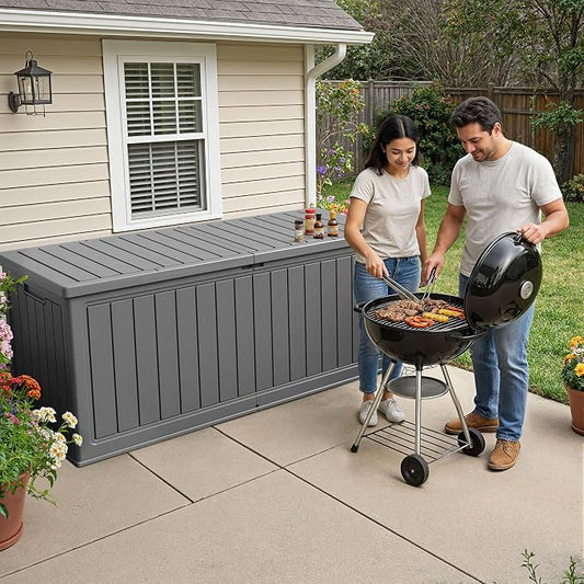 270 Gallon HDPE Deck Box Outdoor Indoor Waterproof Storage Box for Patio Furniture, Pool Accessories, Garden Tools, and Cushion Storage, Gray