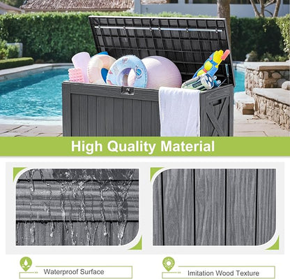 Greesum 120 Gallon Deck Box, Resin Outdoor Storage Container for Patio Furniture, Garden Tools, Pool Accessories, Weatherproof, Lockable, Gray