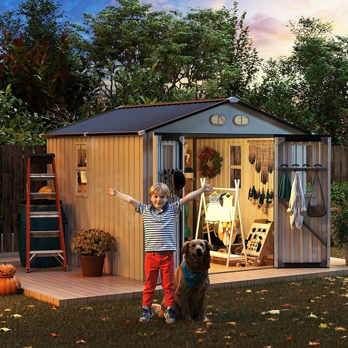 KEIKI 8x8 Outdoor Storage Shed, Metal Garden Shed with 4 Windows and Lockable Doors, Heavy Duty Steel Storage House for Backyard Patio Lawn, Bike Storage, Tool Room, Pet Shelter, White