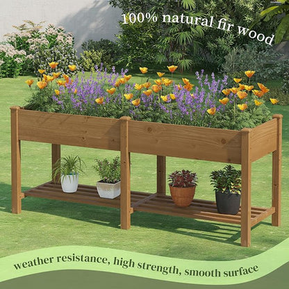 72x24x30.5in Raised Garden Bed Elevated Wood Planter Box with Shelf Garden Planter with Legs for Backyard, Patio, Balcony w/Divider Liner, 300lb Capacity (Brown)