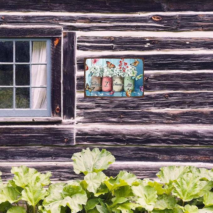 Flowers-Sign Metal-Poster Wall-Art Butterfly-Décor, Today I Choose Joy, Yard Garage Farm Outside Garden Plaque Outdoor for Home Fence 8 X 12 Inch
