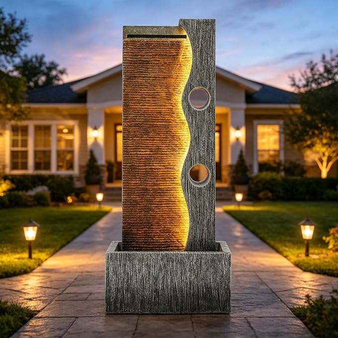 39.4" Zen Faux Slate Outdoor Water Fountain LED Cascading Waterfall | Polyresin Stone faux slate texture, patio backyard garden, Deck or Porch, Housewarming Gift