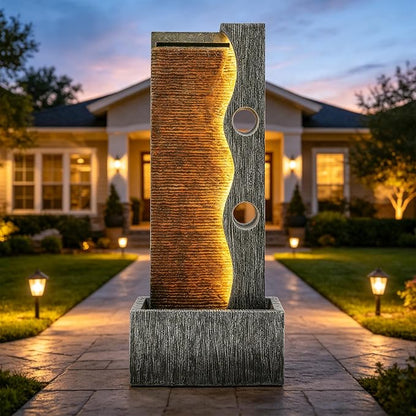 39.4" Zen Faux Slate Outdoor Water Fountain LED Cascading Waterfall | Polyresin Stone faux slate texture, patio backyard garden, Deck or Porch, Housewarming Gift
