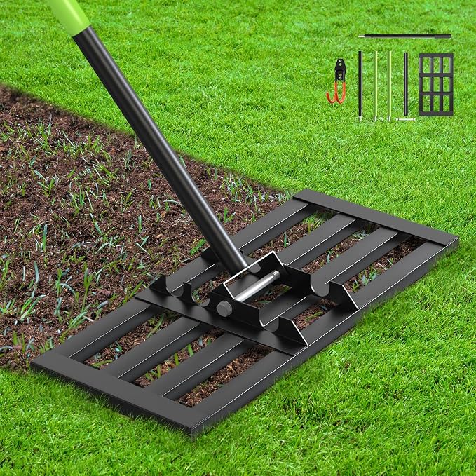 Seeutek Lawn Leveling Rake, 17” x 10” Ground Leveler | with 6.5FT Alloy Steel Handle Rakes for Lawns, 0-180° Adjustable Ground Leveler Tool for Yard, Level Soil Sand Dirt Surfaces