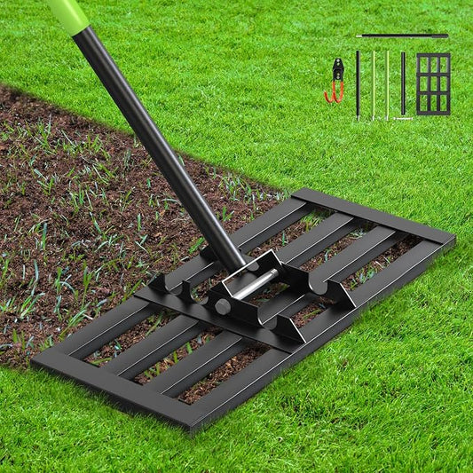 Seeutek Lawn Leveling Rake, 17” x 10” Ground Leveler | with 6.5FT Alloy Steel Handle Rakes for Lawns, 0-180° Adjustable Ground Leveler Tool for Yard, Level Soil Sand Dirt Surfaces